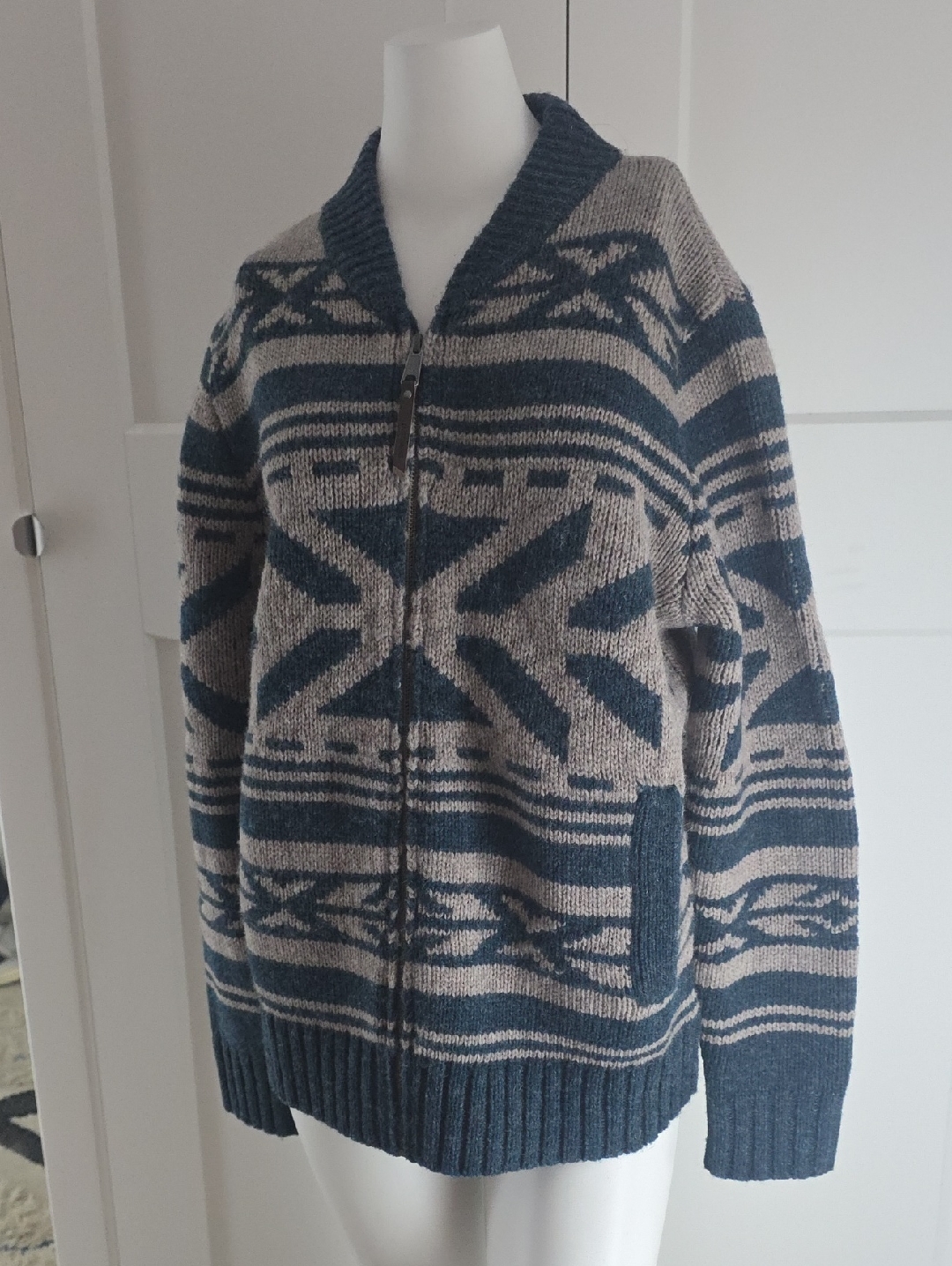 Pendleton Teal And Beige Geometric Zip Cardigan